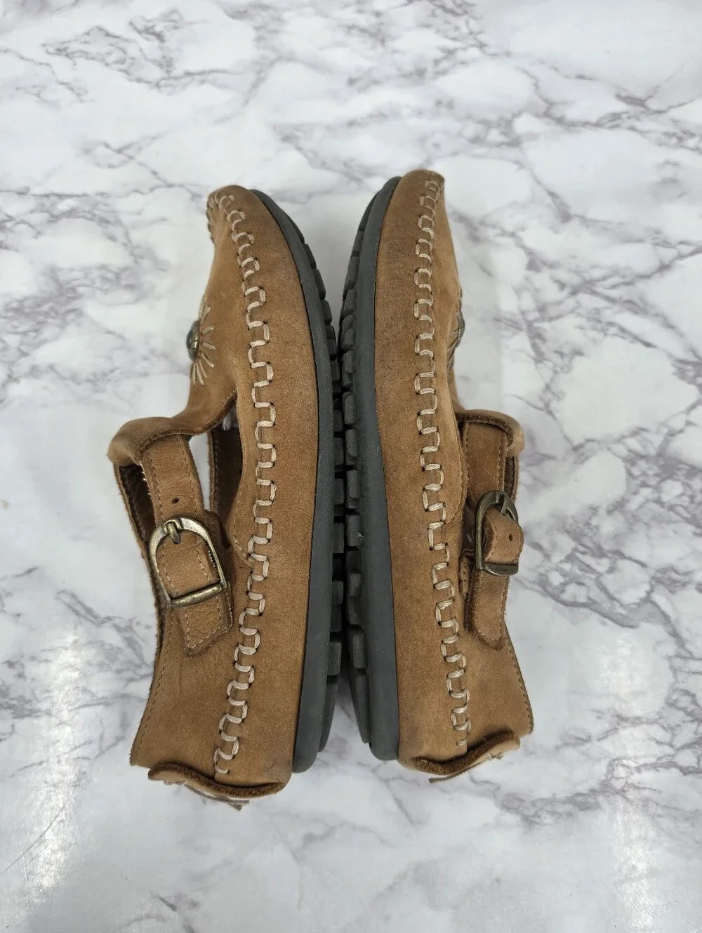 Vintage Hush Puppies Girls Tan Leather Mary Jane Moccasin Shoes Boho Western